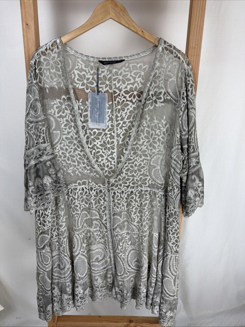 NWT Gretty Zueger Crystal Taupe Silk Duster Jacket 3/4 Sleeve #1018 Size Large